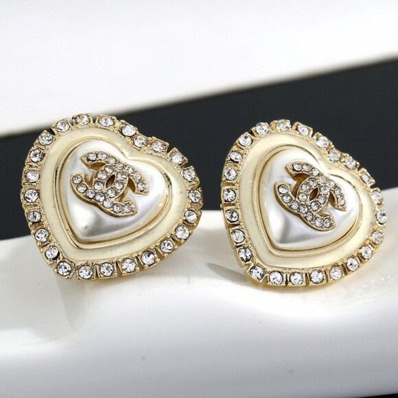 CHANEL Gold and Cream Heart Earrings - Picture 1 of 6